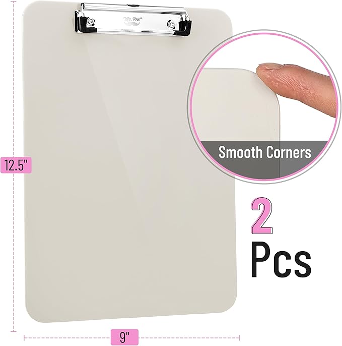 Mr. Pen- Plastic Clipboard, 12.5" x 9", 2 Pack, Silk Cream Clipboard Plastic, Low-Profile Metal Clip with Retractable Hanging Hole