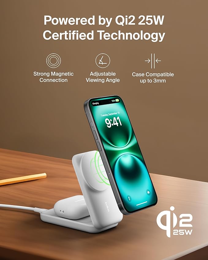 Belkin MagSafe Charger Compatible, 2-in-1 Charging Station, Qi2.2 25W Magnetic Wireless Charger Dock, Foldable Stand, with 5W USB-C Port, for iPhone 17/16/15, Pixel 10, AirPods (45W Adapter Included)