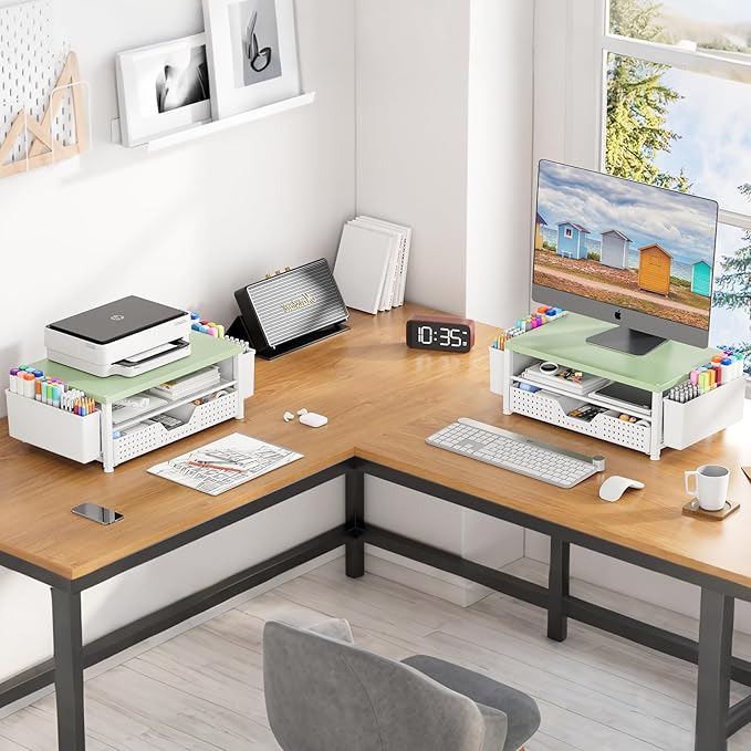 Wood Monitor Stand Riser, Laptop Stand for Desk, Office Desk Organizer and Accessories, Computer Desktop Shelf with Drawer and Pen Holder, Printer Stand for Home, Office, Dorm (Green Wood)
