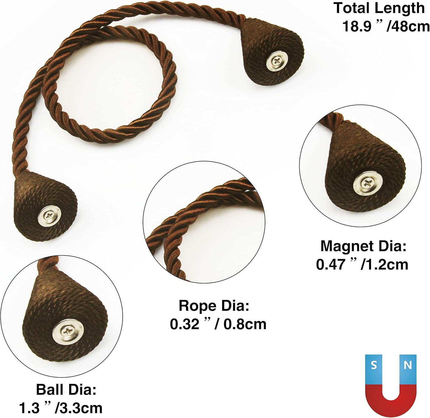 4 Pack Magnetic Curtain Tiebacks Rope Modern Handmade Curtain Tie Backs Decorative Drapes Weave Holdbacks for Window Décor, Coffee