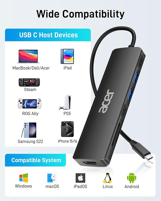 Acer USB C Hub, 7 in 1 USB-C to HDMI Dock, 2 USBA 3.1 GEN1 and 5Gbps Type-C Data Port, 4K HDMI Port, PD 100W Charging, SD Card Reader, for iPad Pro MacBook Pro Laptops and More (Black)