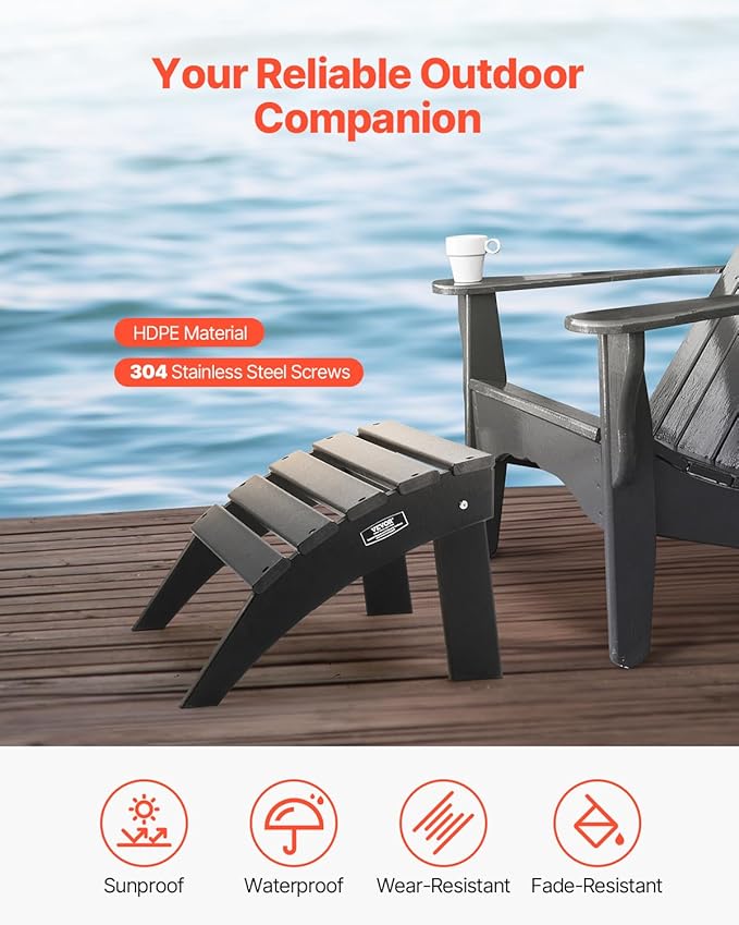 VEVOR Adirondack Ottoman, 18.7L x 19.7W x 13H Inch HDPE Plastic Folding Adirondack Ottoman, Weather-Resistant Foot Rest for Adirondack Chair, Widely Used for Outside Porch Pool Lawn Backyard, Black