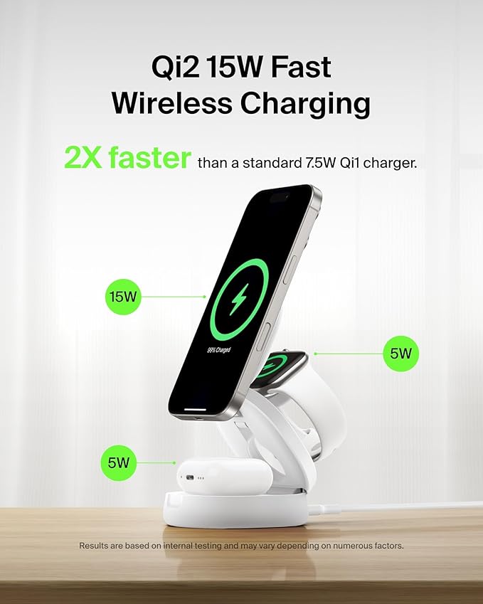 Belkin MagSafe Charger Compatible, 3-in-1 Qi2 15W Wireless Charging Station, Convertible Wireless Charger for iPhone 17, Apple Watch, AirPods, Pixel 10, Phone Stand for Travel w/ 36W Adapter - White