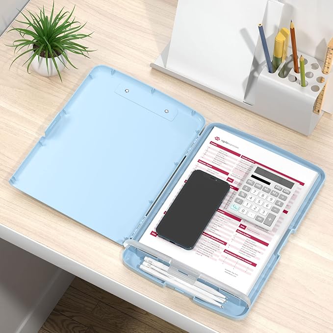 Rimilak Plastic Clipboard with Storage, 8.5 x 11 High Capacity Folio Nursing Case with Pen Holder, Size 14.2 x 9.6 x 1.2″ Folder Side-Opening for Classroom, Teacher, Smooth Writing, Light Blue