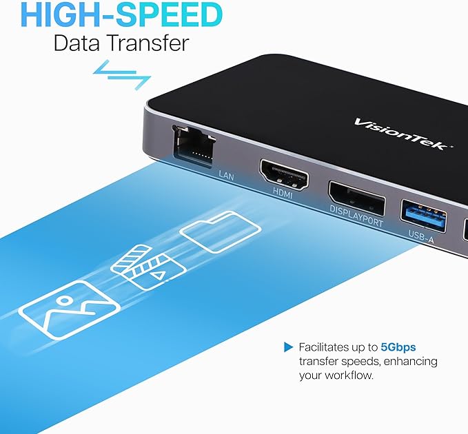VisionTek VT400 Portable USB-C Dual Monitor Hub - 1x DP, 1x HDMI, 2X USB-A, 1x Ethernet, 1x USB-C for Windows/MacOS/ChromeOS/iOS