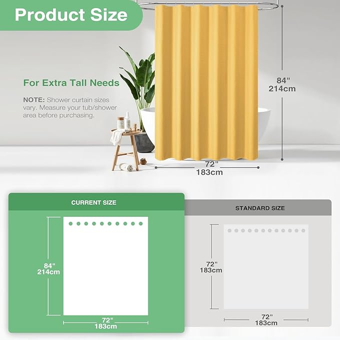 Dynamene Extra Long Shower Curtain - 84 Inch Long Waffle Weave Heavy Duty Fabric Bathroom Shower Curtain, Neutral Weighted Hotel Thick Bath Curtain Set with 12 Plastic Hooks,72x84, Gold