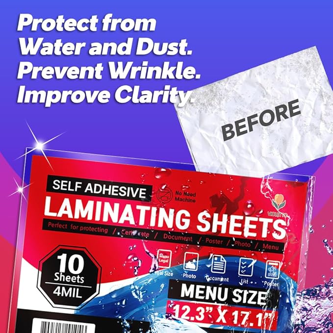 Self Adhesive Laminating Sheets 12.3x17.1 inch, 10 Pack, 4mil Thickness, No-Machine Needed, QuickPeel, Instashield, Stick&GO (10 Sheets, Menu Size 4mil)