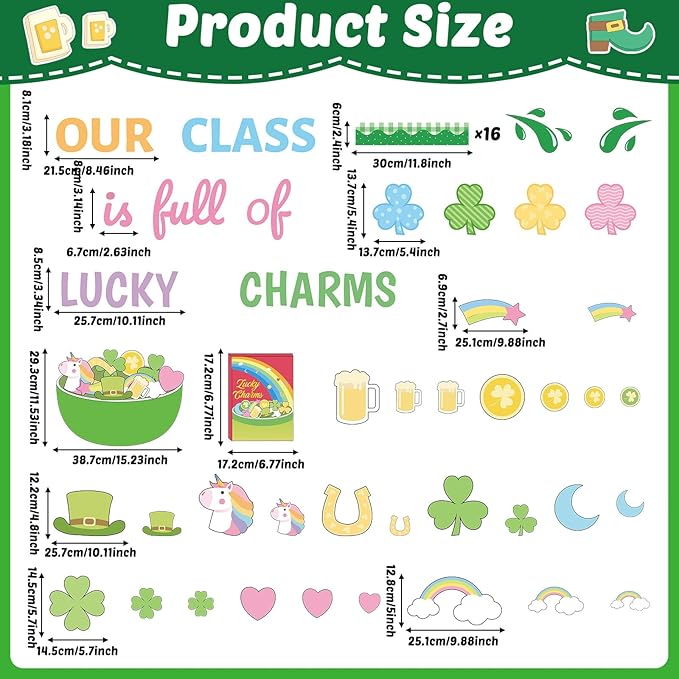 St. Patrick's Day Bulletin Board Set Our Class is Full of Charms Classroom Decoration Shamrock Rainbow Gold Coin Cutouts for Irish Holiday Party Supplies March Classroom School Chalkboard Wall Decor