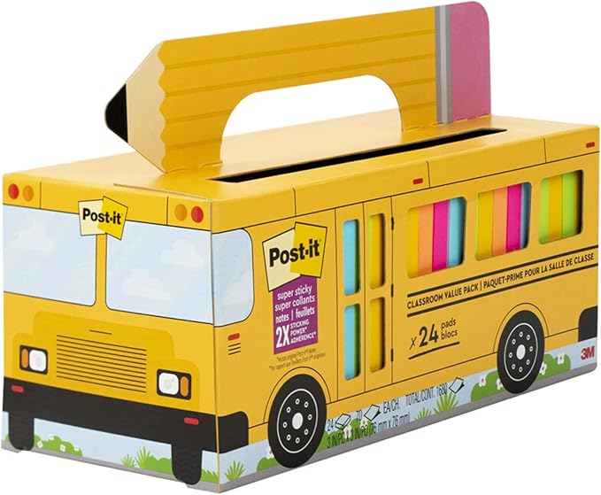Post-it Super Sticky Notes Value Pk,24 Pads,Convenient School Bus Carry & Storage Case,2X The Sticking Power,3x3 in,Bright Colors (Orange,Pink,Blue,Green,Yellow),Recyclable (654-24SSBUS),(Pack of 8)