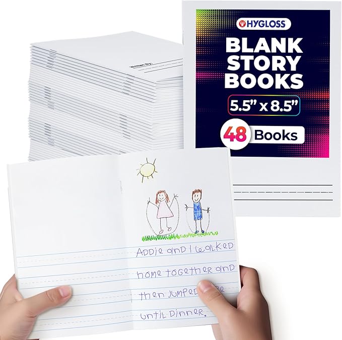 Hygloss Half Blank Books for Kids to Write Stories and Illustrate – Bulk 48 Pack – 5.5" x 8.5" A5 – Small Primary Journal for Grades K-2, Preschool/Kindergarten Notebook with Picture Space – 24 Pages