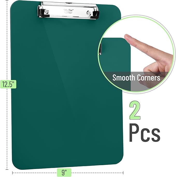 Mr. Pen- Plastic Clipboard, 12.5" x 9", 2 Pack, Clipboard Plastic, Low-Profile Metal Clip with Retractable Hanging Hole