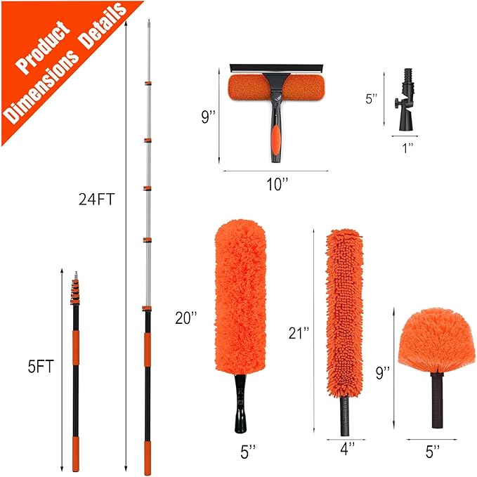 30FT High Ceiling Duster Kits with 5-24FT Telescoping Extension Pole - Fan Blade Cleaner, Cobweb Remover & Window Cleaning Kit, Washable Dust Brush for High Roof and Glass Surfaces