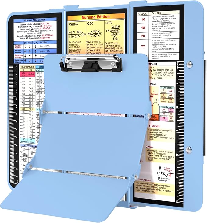 Nursing Clipboard Foldable, Foldable Clipboard w/Nursing Edition Cheat Charts,3 Layers Aluminum, Nurse Clip Board w/Low Profile Clip&Pen Clip Pocket for Nurses and Doctors,Light Blue