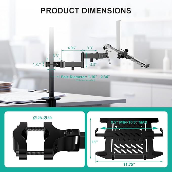 WALI Laptop Pole Mount, Adjustable Laptop Arm Holder Fits 10"-15.6" Laptops, 2-in-1 Full Motion Monitor Mount with Removable Tray, VESA 75x75 or 100x100 mm, Holds up to 15.4lbs(011ARMLPN), Black