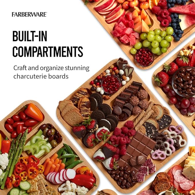 Farberware Build-A-Board Bamboo Cutting Board with Built-In Compartments & Clear Locking Lid, Black Handles – Charcuterie, Snack Tray, Food Prep and Serving Platter