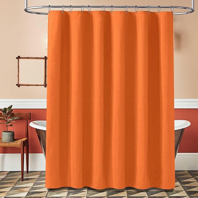 BTTN Stall Fabric Shower Curtain - 54x78 Inch Long Linen Textured Heavy Duty Shower Curtain Set with 10 Plastic Hooks, Narrow Neutral Outdoor Weighted Waterproof Shower Curtains for Bathroom - Orange