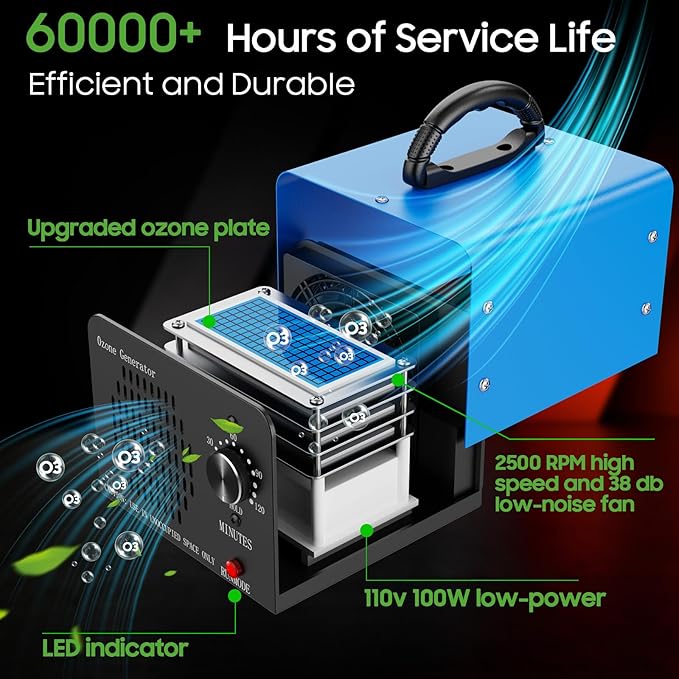 Ozone Generator Machine100,000mg/h, High Capacity Ozone Odor Eliminator Removal Air Purifier for Home Car Pet & Basement Odor, Suitable for Spaces up to 7,000 Square Feet, Blue