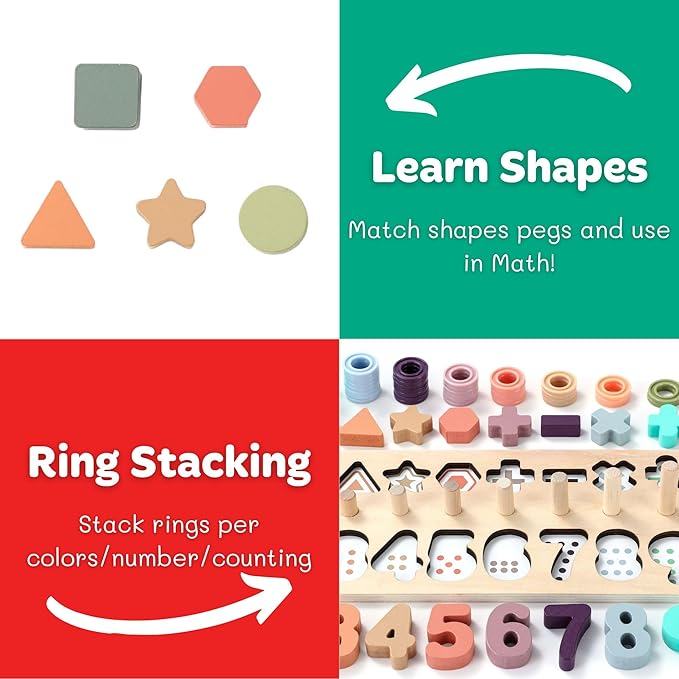 BEKILOLE Wooden Montessori Toys for Kids Toddler Number Puzzles Sorter Counting Shape Stacker Stacking Game Preschool Toys for Boy Girl Learning Education Math Blocks Year Old Girl Gifts (Macron)