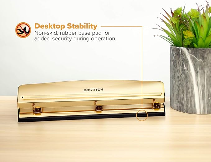 Bostitch Office 3 Hole Punch,12 Sheet Capacity,Durable Metal,Gold Chrome,Rubber Base & U Brands Pencil Cup,Wire Metal,Gold - 897U06-24,4.13" H,3.11" D