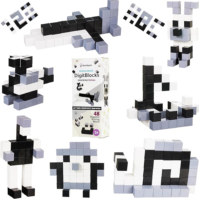 BrainSpark 48PCS Black White Grey DigitBlocks Magnetic Building Cube Set, Sensory STEM Education Preschool Magnet Toys for 3-9 Year Old Boys and Girls