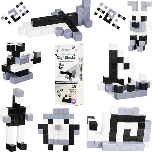 BrainSpark 48PCS Black White Grey DigitBlocks Magnetic Building Cube Set, Sensory STEM Education Preschool Magnet Toys for 3-9 Year Old Boys and Girls