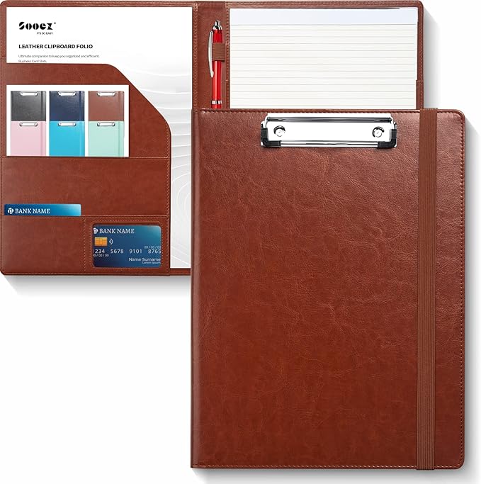 Sooez Padfolio Clipboard, Portfolio Organizer with Notepad, Premium PU Leather Clipboard Folder for Legal Pad, Versatile Clipfolio with Storage, Letter Size Document Holder for School Office, Brown