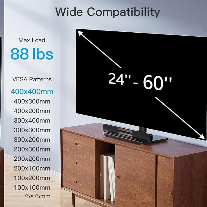 PERLESMITH Universal Swivel TV Stand Legs for 24-60 inch LCD LED TVs, Height Adjustable Television Mount Stand with Tempered Glass Base, Universal VESA Mount 400×400mm, Holds up to 88lbs, PSTVS09