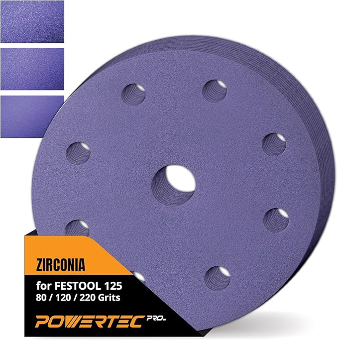 POWERTEC PRO 45PK, 5 Inch 9 Holes Assorted Sanding Disc, 80/120/220 Grit, Zirconia Hook and Loop Film Backing Discs for Festool Orbital Sanders - Automotive, Paint, Metal, Woodworking (45900Z-45)