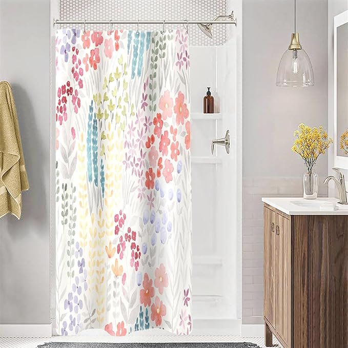 Small Stall Shower Curtain 36 x 72 Inch, Half Narrow Dorm Cute Floral Shower Curtain for Bathroom, Colorful Wildflower Boho Cottagecore Fabric Shower Curtain Set with Hooks, Ivory