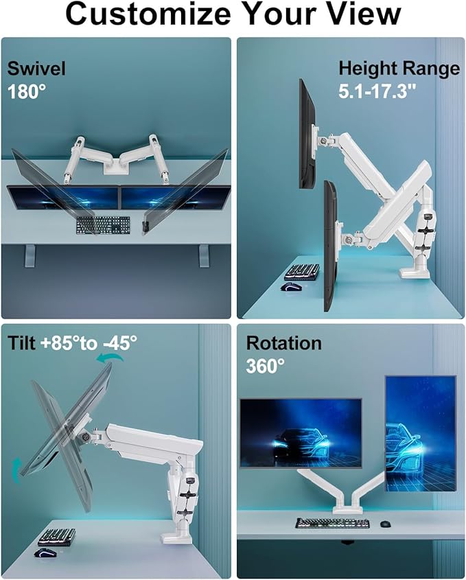 Dual Monitor Desk Mount, 13-32 inch Adjustable Full Motion Monitor Arm, Computer Display Stand Holder with Clamp and Grommet Base, Fits 4.4 to 22lbs Screens, VESA Mount Bracket, White, Freelift Pro