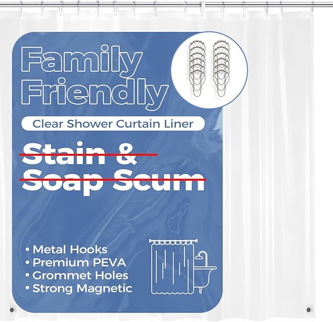 downluxe Clear Shower Curtain Liner with Hooks, PEVA Plastic Shower Liner, 72" W x 78" L Waterproof Lightweight Bathroom Curtain(12 Hooks, 1PC)