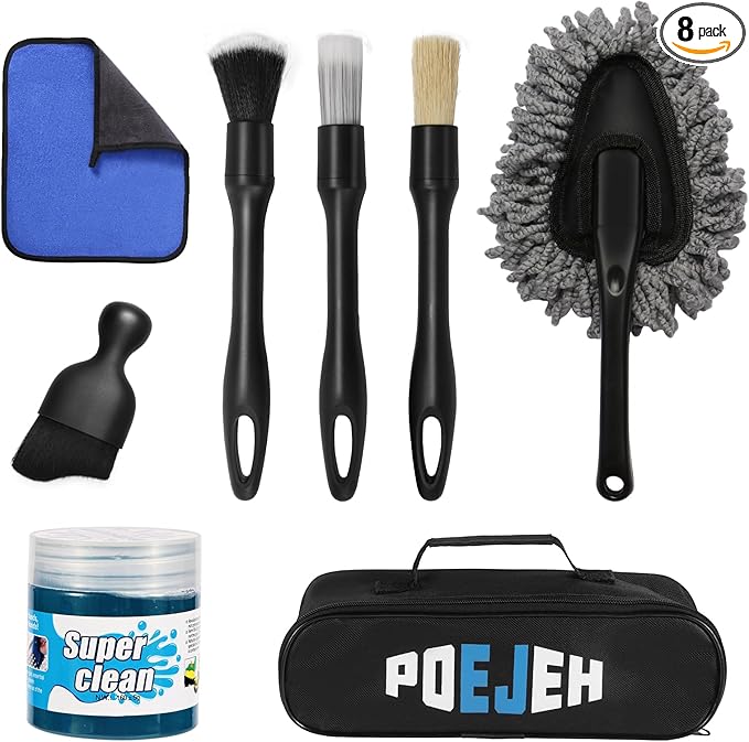 8-Piece Car Interior & Exterior Cleaning Kit - 160g Gel (128% More Than 70g), Boars Hair Brushes, Ultra-Soft Detail Brush, Microfiber Cloths, Duster | for Auto/Truck/SUV