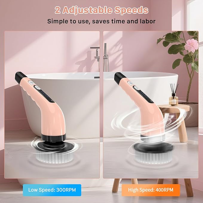 Electric Spin Scrubber, Cordless Cleaning Brush, Shower Scrubber with 7 Replaceable Brush, 2 Speeds and Adjustable Extension Handle for Bathroom Shower Bathtub Glass Car(Pink)