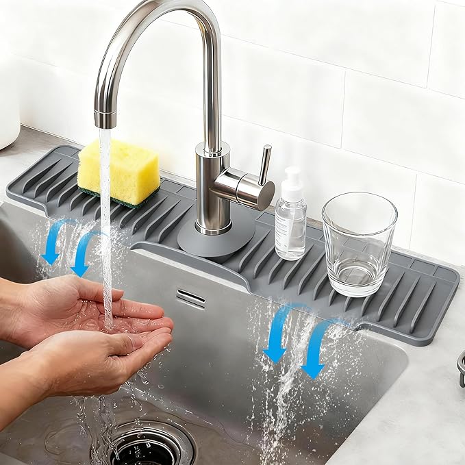 24" Silicone Faucet Mat for Kitchen Sink Released in 2025/12TH,8° Slope Fast Self-draining, Bathroom Kitchen Sink Area Water Splash Guard Behind Faucet Draining Dark Grey