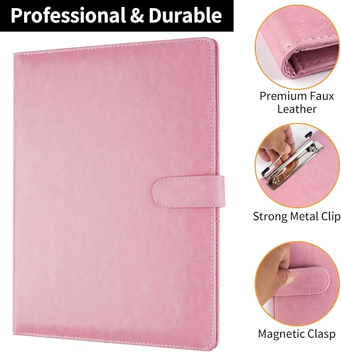 Professional Padfolio with Clipboard, Faux Leather Portfolio Folder Binder, Legal Pad Holder for A4 Letter Size Notepad, Resume, Writing, Ideal Organizer for Business Office Conference (Pink)