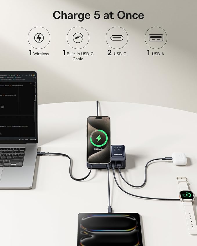 Baseus Nomos 5-in-1 Charging Station 140W, Qi2 Certified 15W Magnetic Wireless Charger with 100W Retractable Cable, GaN Fast USB C Desktop Charger for Magsafe, iPhone 16/15 Pro Max, MacBook Pro