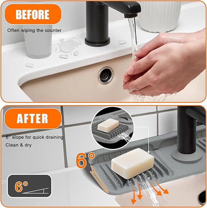 17.7" Dark-Gray Silicone Faucet Mat with Button Style Design – Longer Drip Catcher Tray & Sink Splash Guard, 6° Slope Behind Faucet Mat | Easy Kitchen & Bathroom Sink Protector