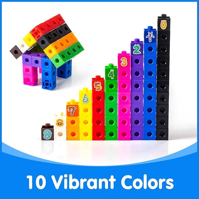 100 Pcs Math Linking Cubes with 384 Cartoon Stickers – Essential Counting Cubes for Kids Math Learning and Fun Activities