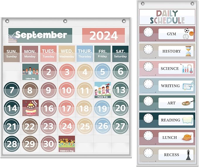 Monthly Calendar Pocket Chart for Classroom, Printed Days of The Week with Cards, Learning for Home or Kindergarten, Teacher Must Have Supplies That Fits Any School Décor (White Calendar+Daily Schedule)