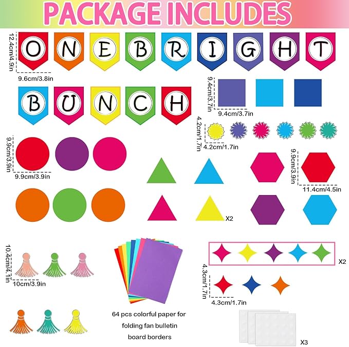 3D Colorful Bulletin Board Set 3D Paper Fans Border Classroom Decorations Motivational One Bright Bunch Bulletin Board Writable Shapes Paper Cutouts for Back to School Classroom Chalkboard Wall Decor