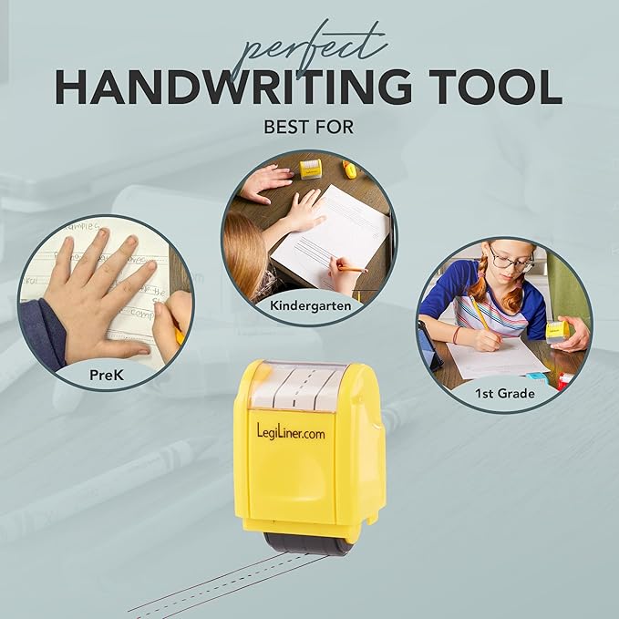 LEGILINER 1/2" Dashed Handwriting Line (Yellow) Teacher Stamp – Tri-Line Dashed Pattern. Classroom & Home Use. Refillable Ink Writing Practice Roller Stamp.