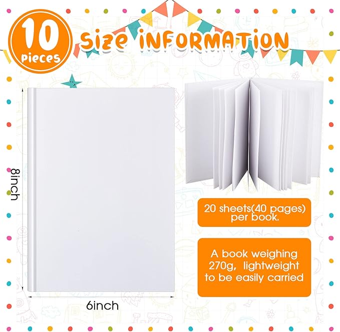 Henoyso Hardcover Blank Books for Kids to Write Stories Make Your Own Book Craft Unlined Notebook for Student Classroom DIY Drawing and Writing 40 Pages SketchBook for Kids Gift(10 Pack,6 x 8 Inch)