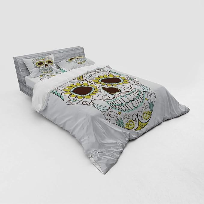 Ambesonne Sugar Skull Duvet Cover Set, Folkloric Calavera Elements Floral Day of The Dead Theme, 4 Piece Bedding Set with Shams and Fitted Sheet, Queen Size, Apple Green Brown Seafoam