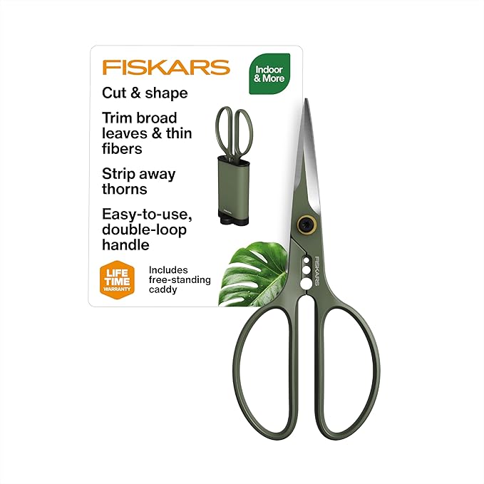 Fiskars Shaper Plant Shears, Precision Indoor Gardening Snips with Storage Caddy, Forged Stainless Steel Blades for Clean Cuts on Broad Leaves, Ambidextrous Handles & Stem Stripper, 6"