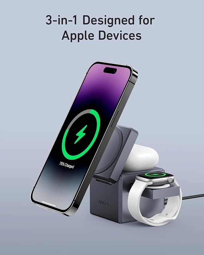 Anker MagSafe Charger Stand, iPhone 16 Wireless Charger, 3-in-1 Cube with MagSafe, 15W Foldable Fast Charging Stand, For iPhone 16/15/14/13, Apple Watch 1-8/Ultra, AirPods (30W USB-C Charger Included)