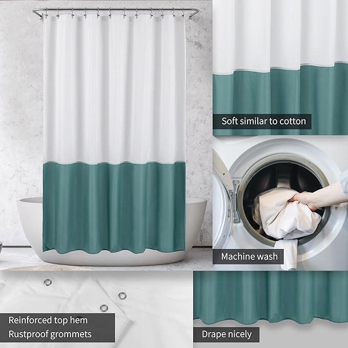 ALYVIA SPRING Waterproof Fabric Shower Curtain Liner - Soft & Light-Weight Cloth Shower Liner, 3 Bottom Magnets, Hotel Quality & Machine Washable - Standard Size 72x72, White and Teal
