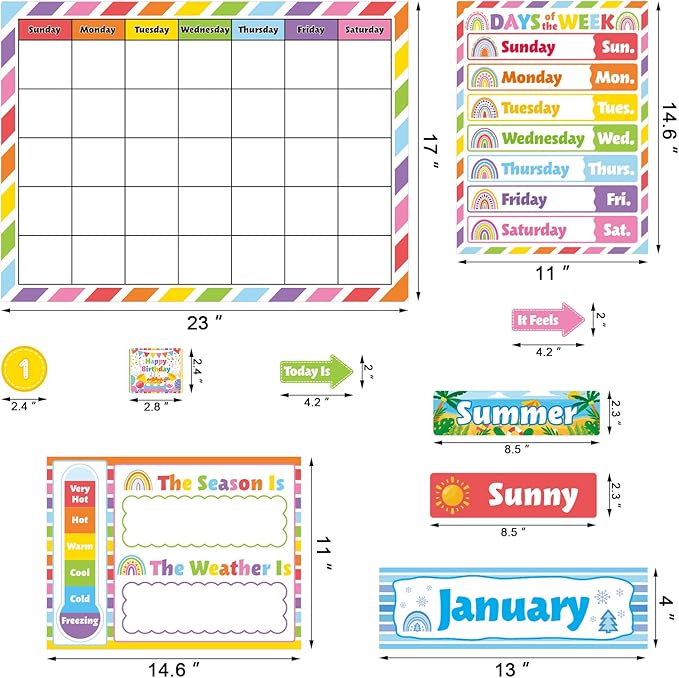 Colorful Classroom Calendar Bulletin Board Set Rainbow Stripes School Calendar Bulletin Board Set for Rainbow Classroom Decoration with Hook and Loop Dots Stickers