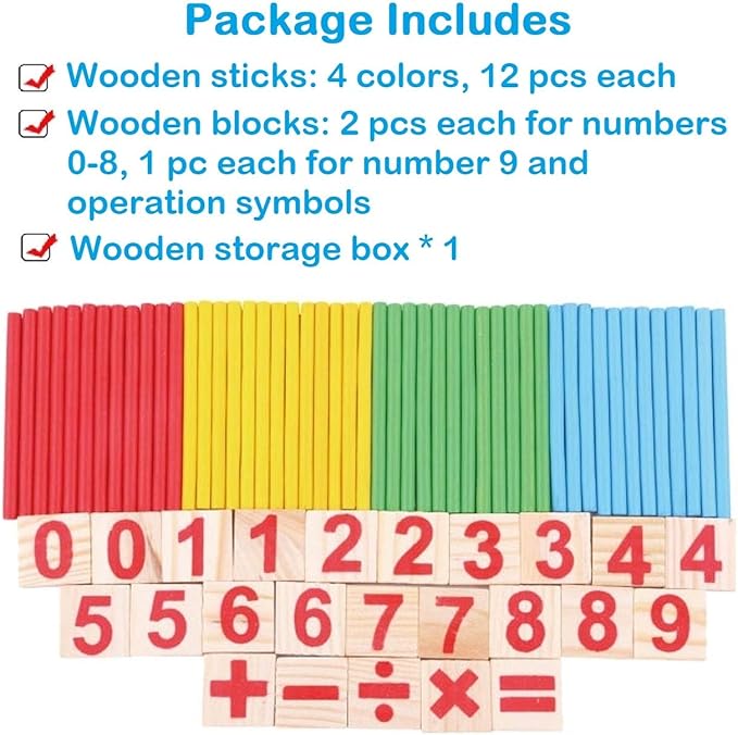 Counting Number Blocks and Sticks | Montessori Toys for Kids Learning| Homeschool Supplies for Math manipulatives | Toddlers Educational Wooden rods with Storage Tray