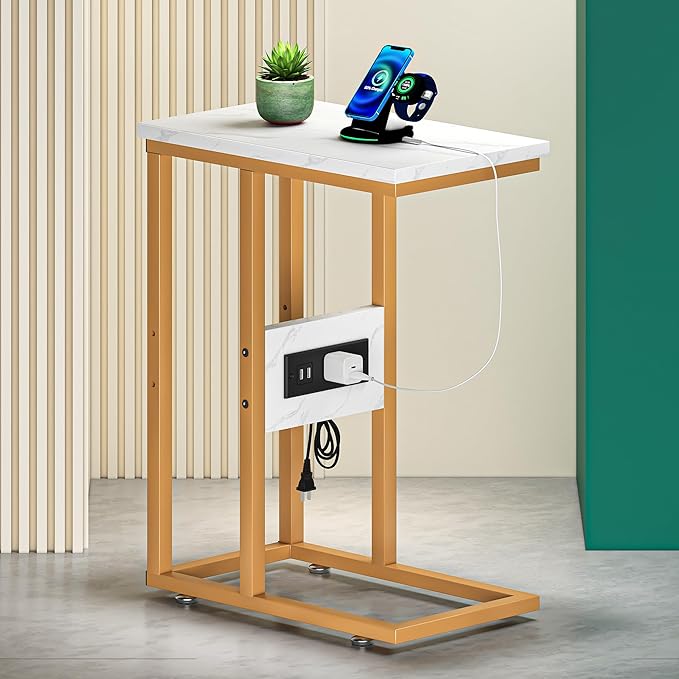 VECELO C Shaped End Table with Charging Station & Power Outlets, Quick Access Side Table for Sofa, C Bedside for Living Room Bedroom 1 Set,Gold