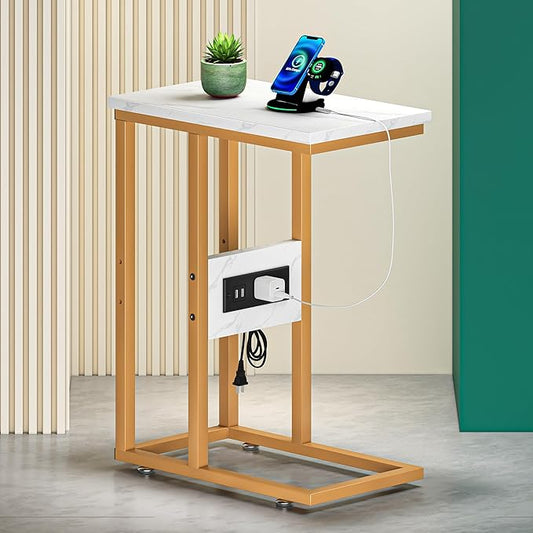 VECELO C Shaped End Table with Charging Station & Power Outlets, Quick Access Side Table for Sofa, C Bedside for Living Room Bedroom 1 Set,Gold